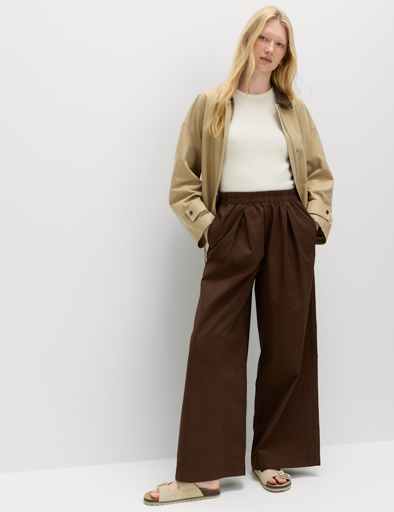 Pure Cotton Poplin Pull On Super Wide Leg Trousers Pure Cotton Poplin Pull On Super Wide Leg Trousers