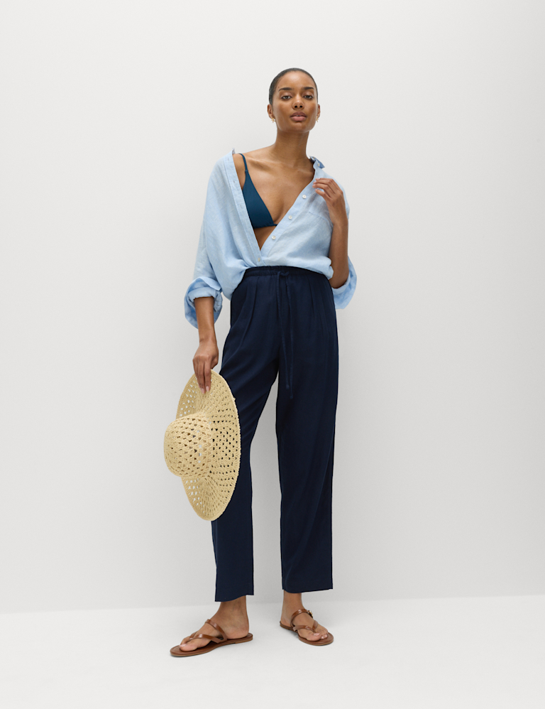 Linen Rich Elasticated Waist Tapered Trousers