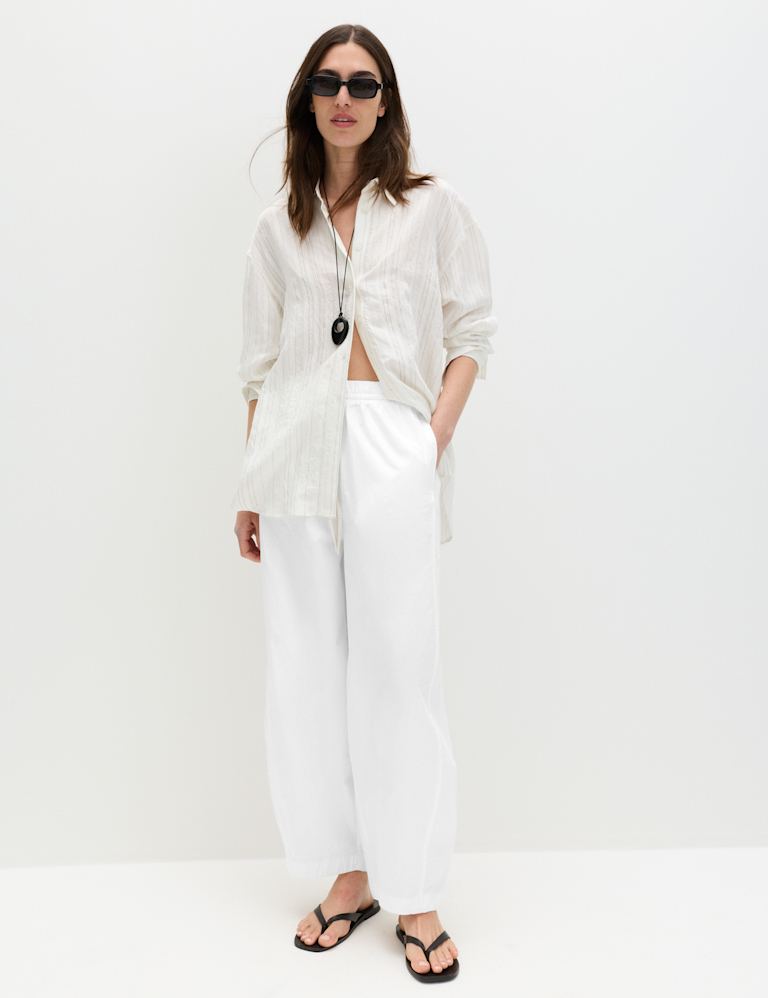 Pure Cotton Drawstring Barrel Leg Ankle Grazer Trousers
