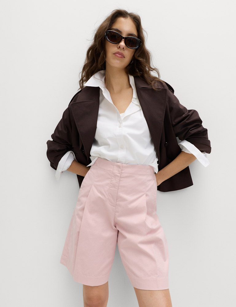 Cotton Rich High Waisted Pleat Front Bermuda Shorts
