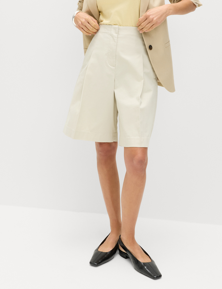 Cotton Rich High Waisted Pleat Front Bermuda Shorts