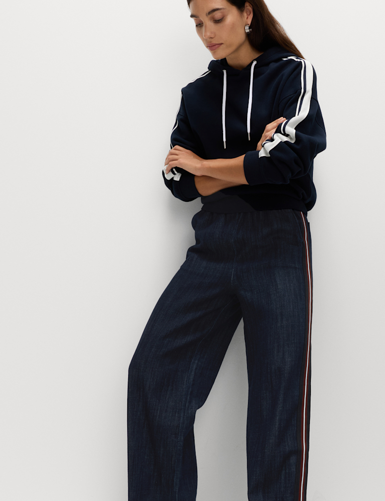 Cotton Rich Denim Side Stripe Wide Leg Trousers Cotton Rich Denim Side Stripe Wide Leg Trousers