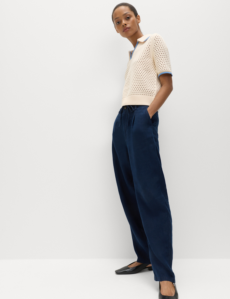 Pure Linen Pleat Front Belted Tapered Trousers