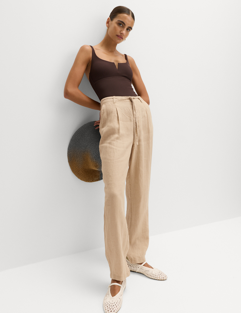 Pure Linen Pleat Front Belted Tapered Trousers Pure Linen Pleat Front Belted Tapered Trousers
