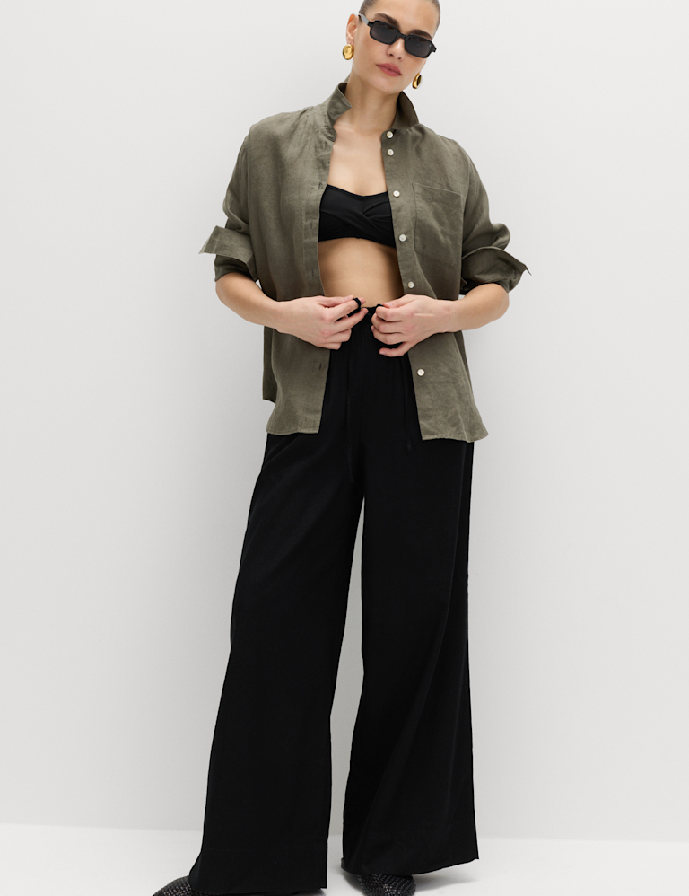 Linen Rich Drawstring Wide Leg Trousers Linen Rich Drawstring Wide Leg Trousers
