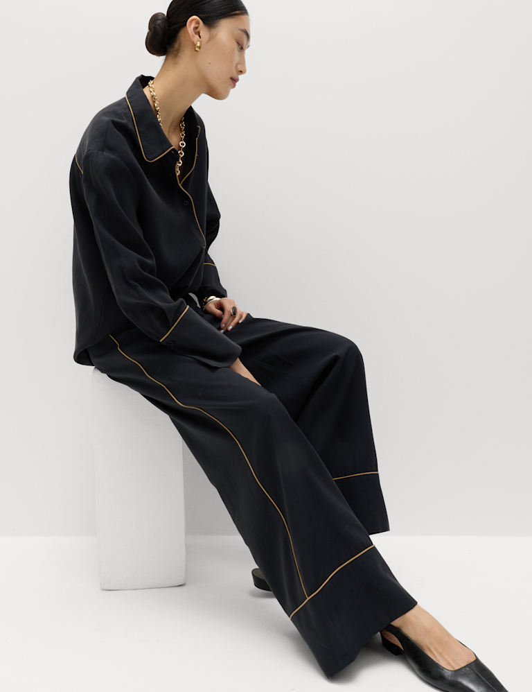 Contrast Trim Wide Leg Trousers