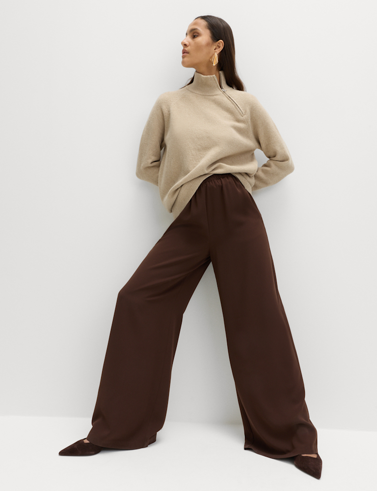 Crepe Elasticated Waist Wide Leg Trousers