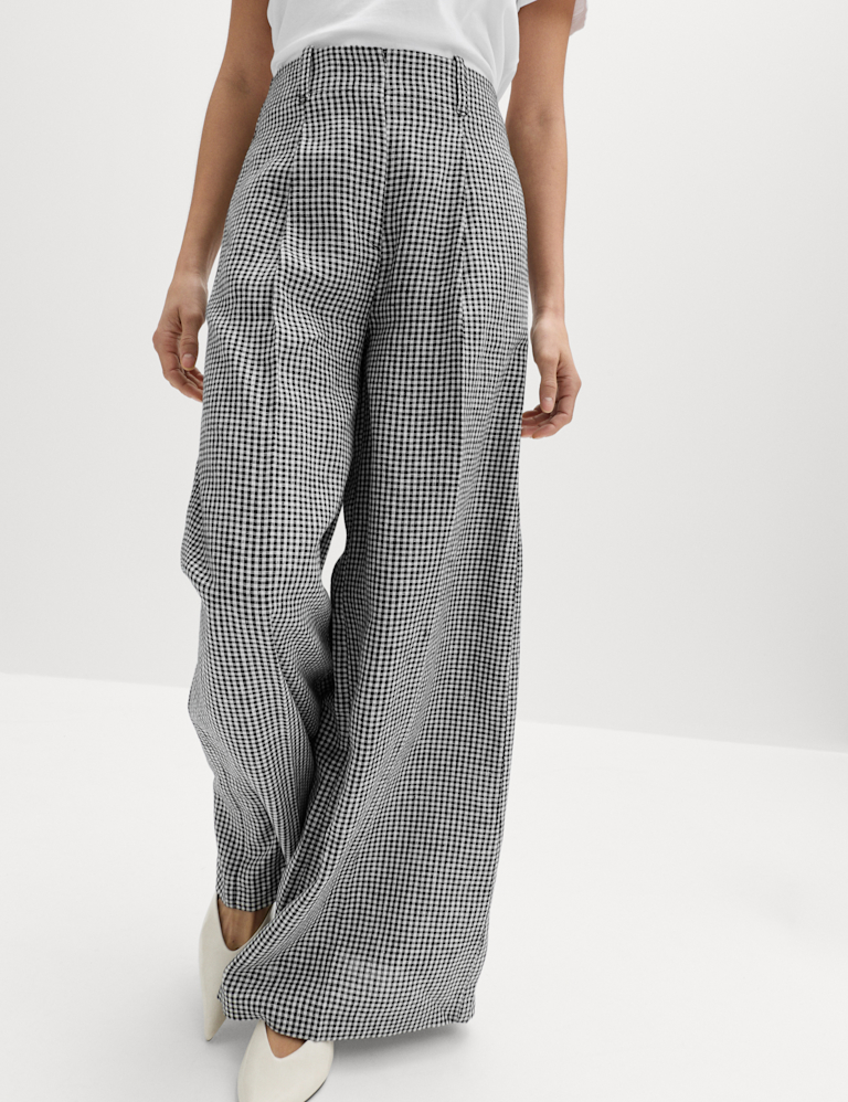 Pure Linen Checked Pleat Front Trousers Pure Linen Checked Pleat Front Trousers