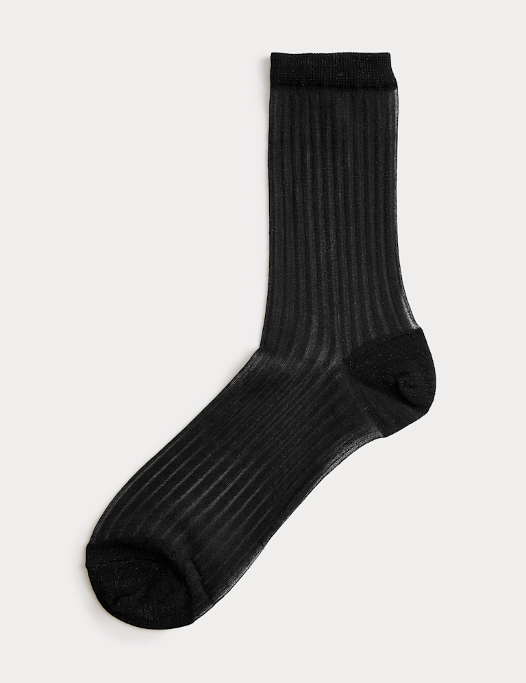 Cotton Blend Sheer Ribbed Sparkly Crew Socks