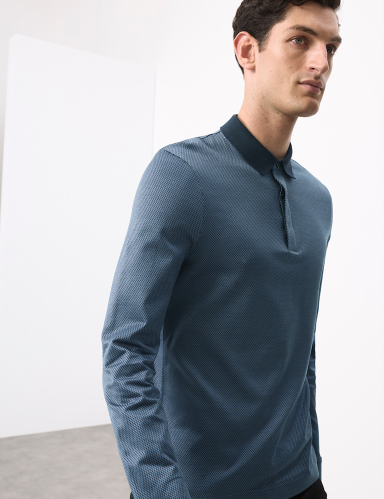 Pure Cotton Textured Long Sleeve Polo Shirt