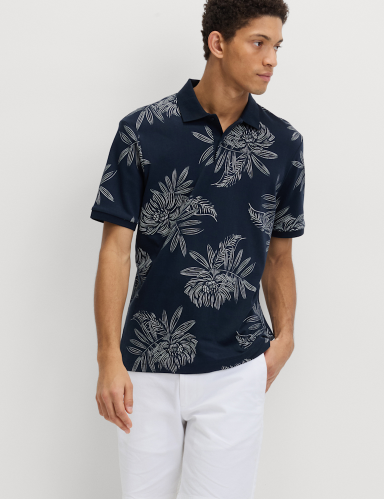 Pure Cotton Leaf Print Polo Shirt
