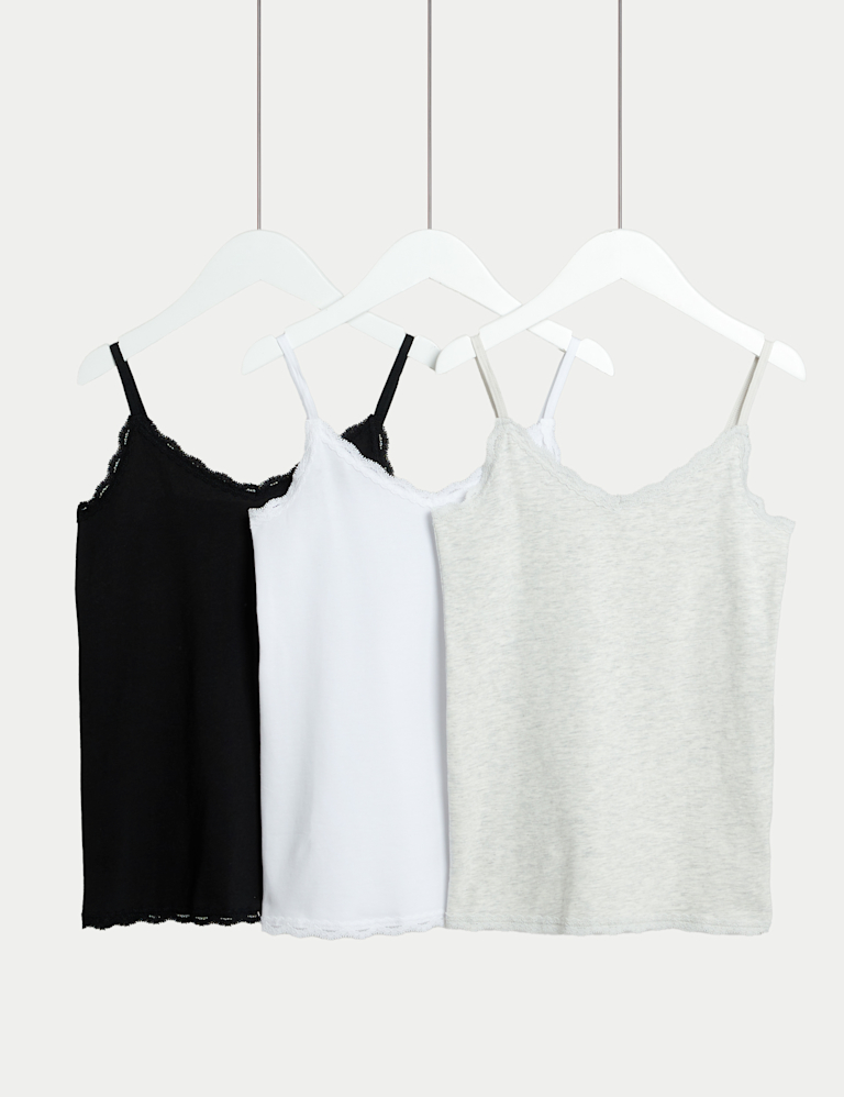 3 Pack Cotton with Stretch Lace Trim Cami Tops (5-14 Yrs)