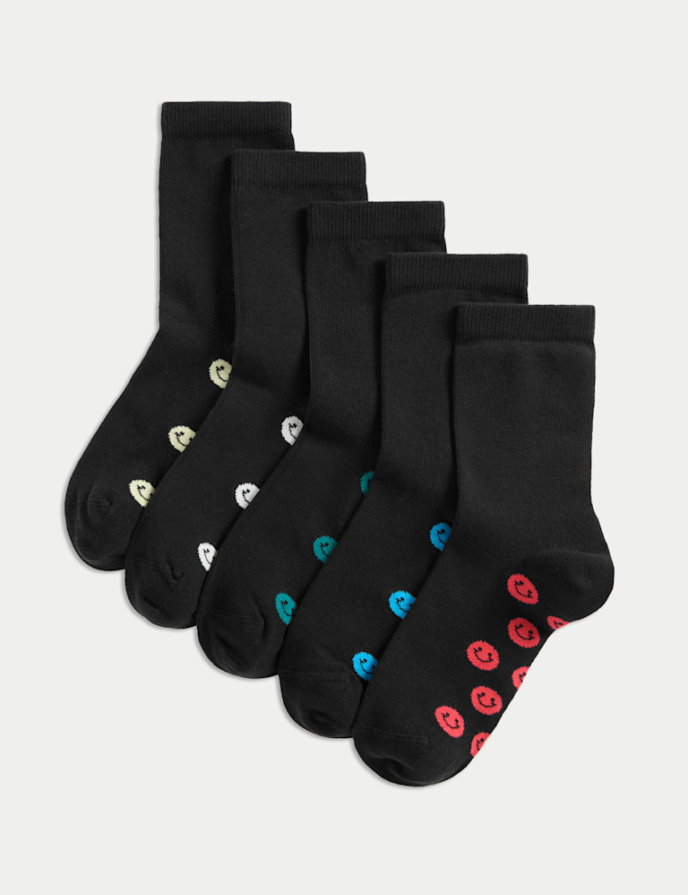 5 Pack Cotton Rich Happy Faces School Socks (6 Small-7 Large)