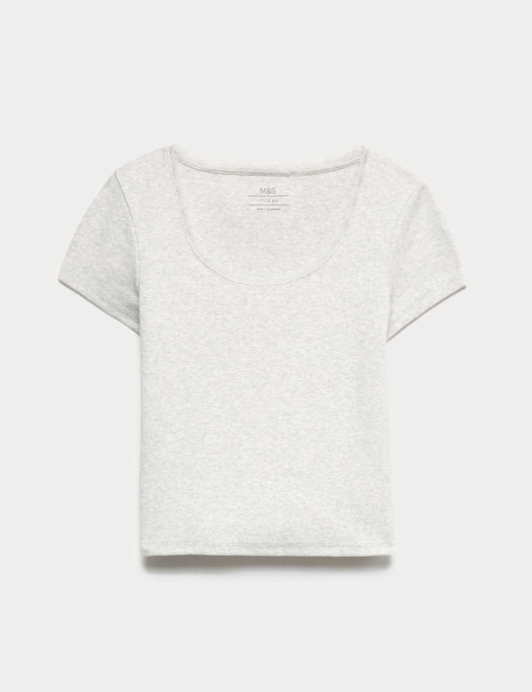 Cotton Rich Lace Trim Fitted Crop T-Shirt (6-16 Yrs)
