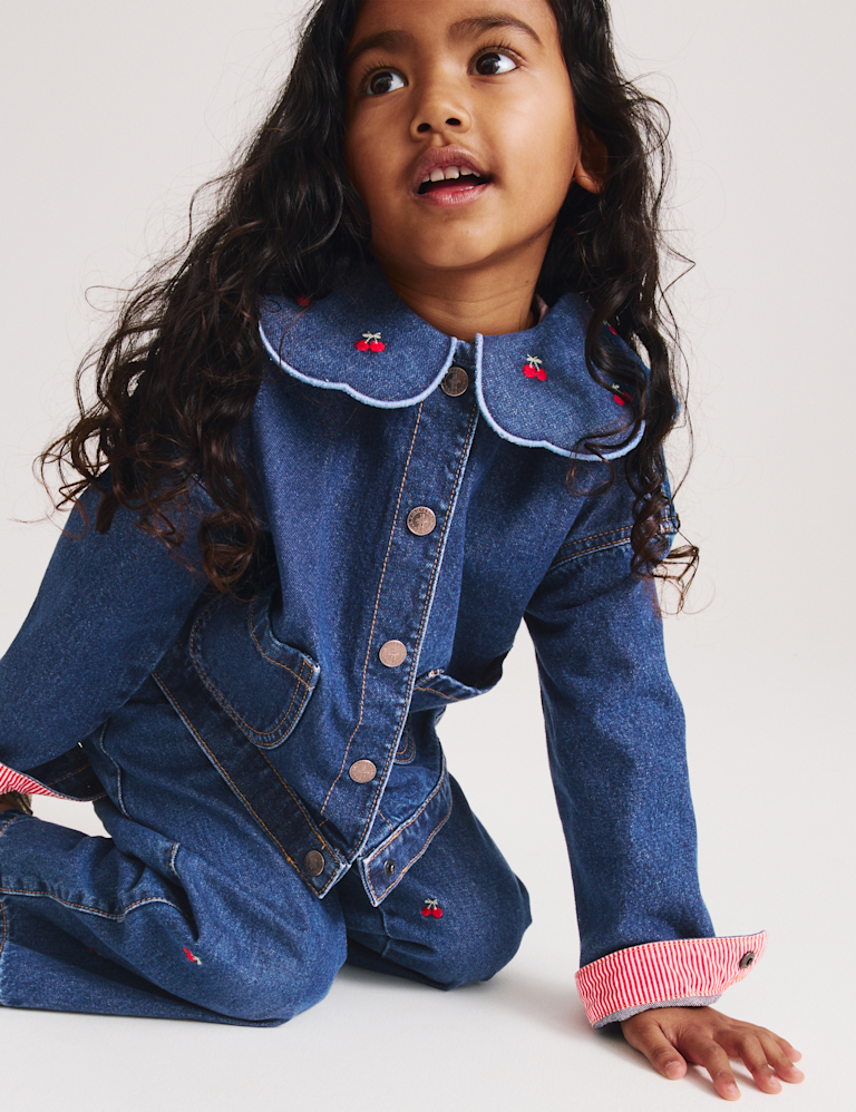 Cherry Embroidered Collar Denim Shacket (2-10 Yrs)