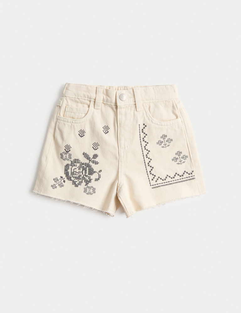 Pure Cotton Denim Embroidered Shorts (2-10 Yrs)