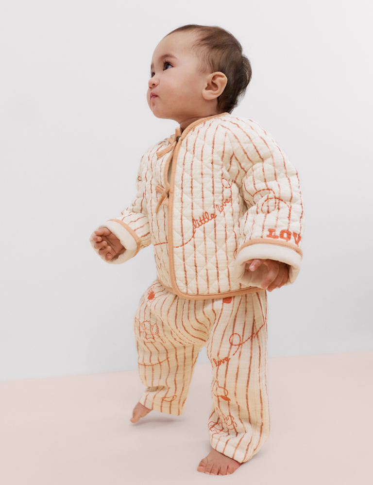 Pure Cotton Striped Embroidered Trousers (0-3 Yrs)