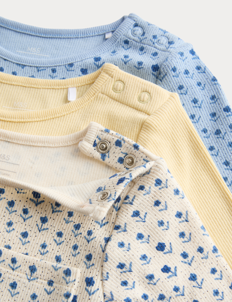 3 Pack Cotton Rich Floral Ribbed Tops (0-3 Yrs)