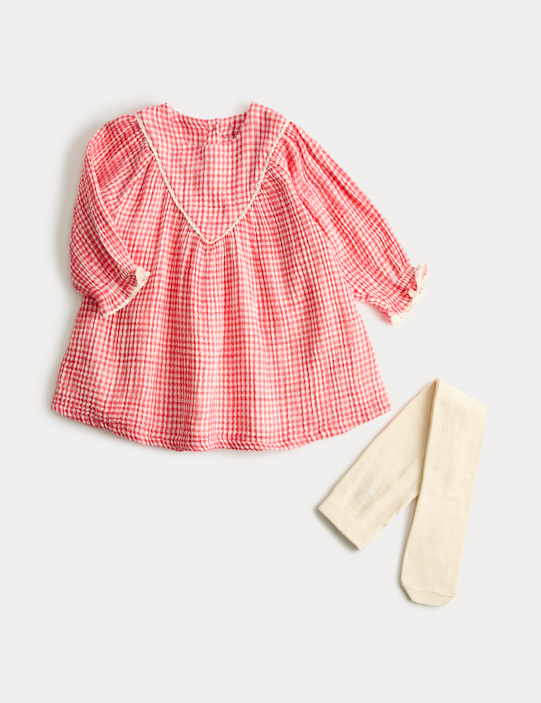 2 Piece Cotton Gingham Dress with Tights (0-3 Yrs)