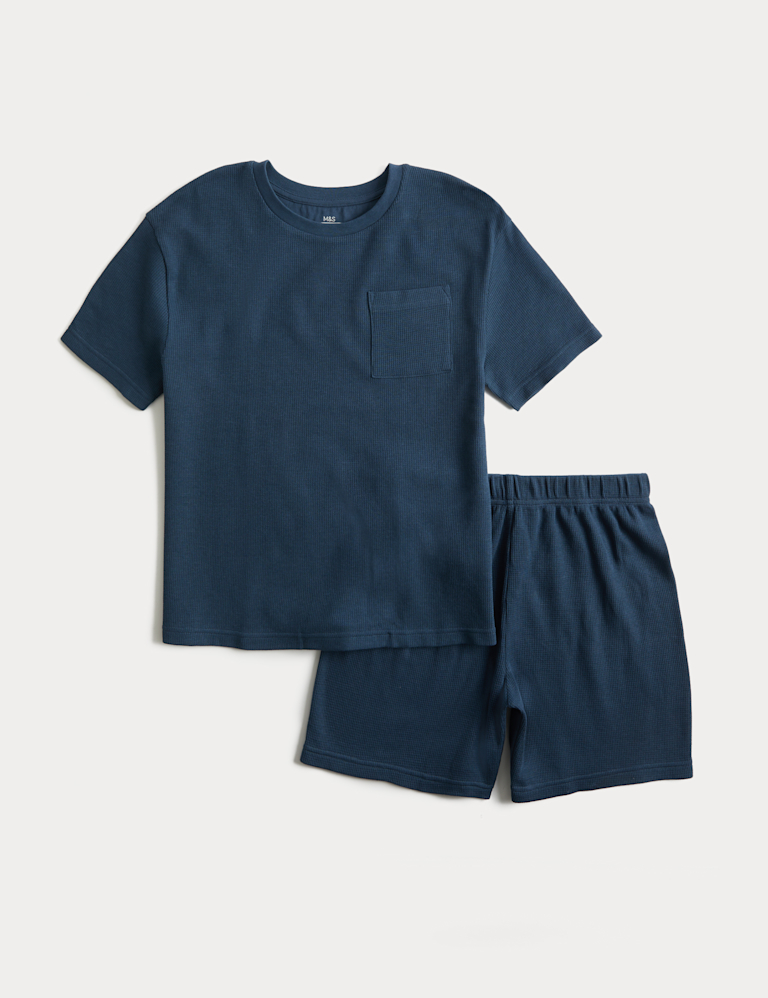 Pure Cotton Navy Waffle Short Pyjamas (1-16 Yrs)