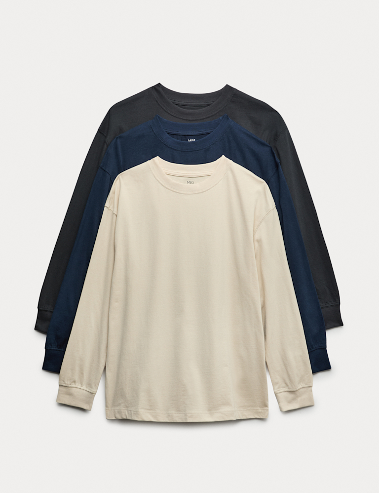 3 Pack Pure Cotton Long Sleeve Tops (6-16 Yrs)