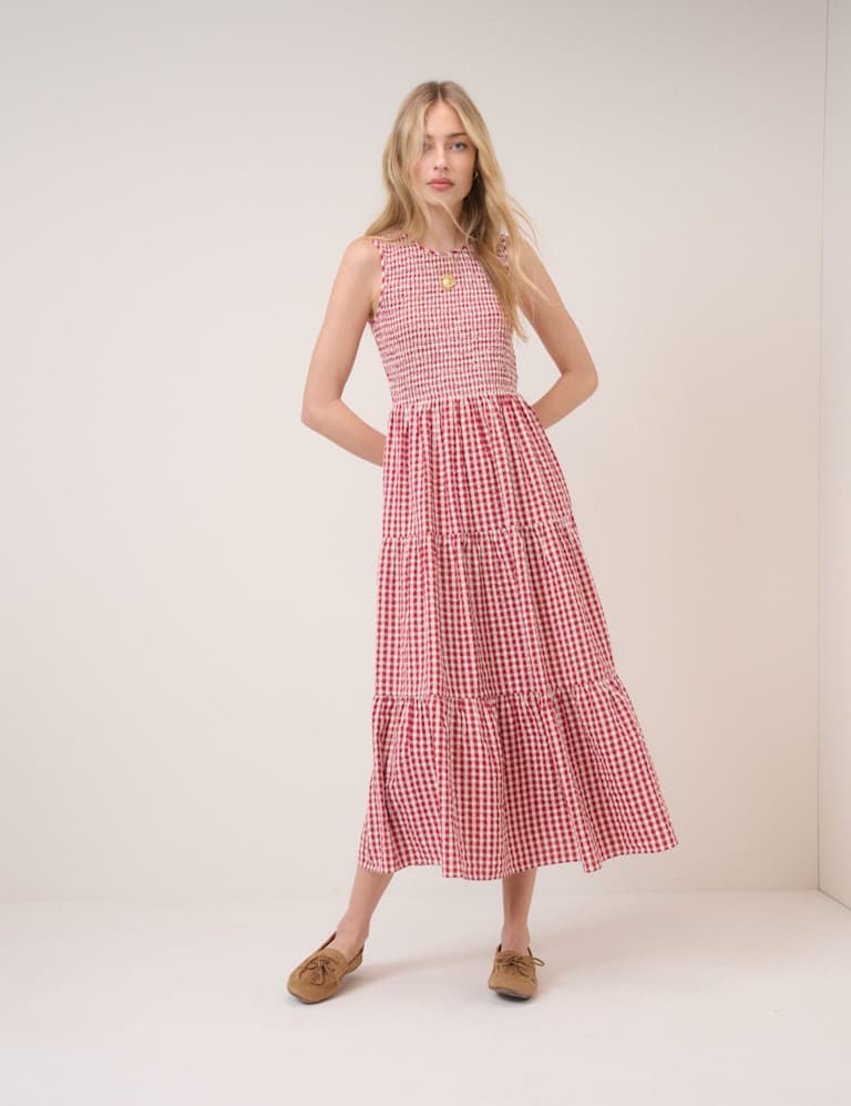 Pure Cotton Shirred Midaxi Tiered Dress