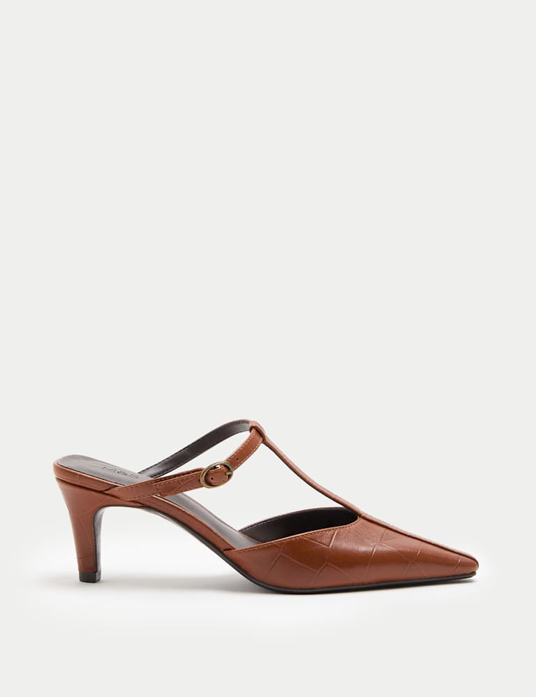 Leather Croc T-Bar Kitten Heel Mules