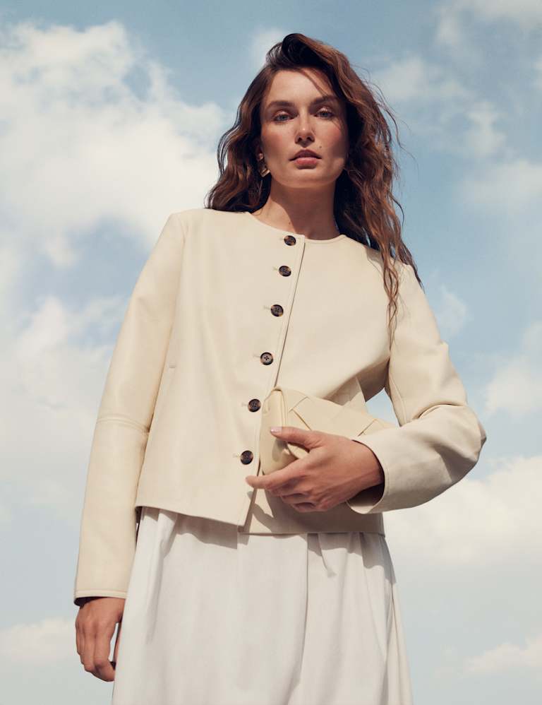 Faux Leather Collarless Jacket