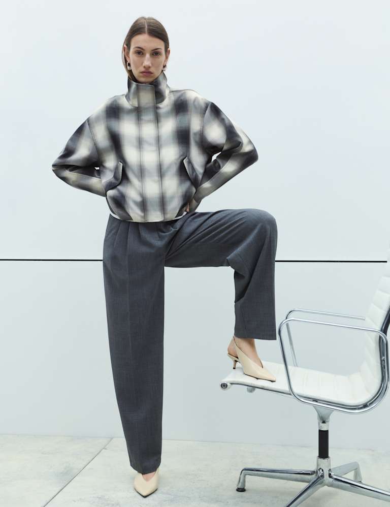 Checked Bubble Hem Funnel Neck Jacket