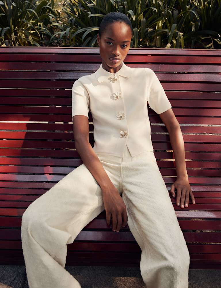 Pure Cotton Textured High Waisted Wide Leg Jeans