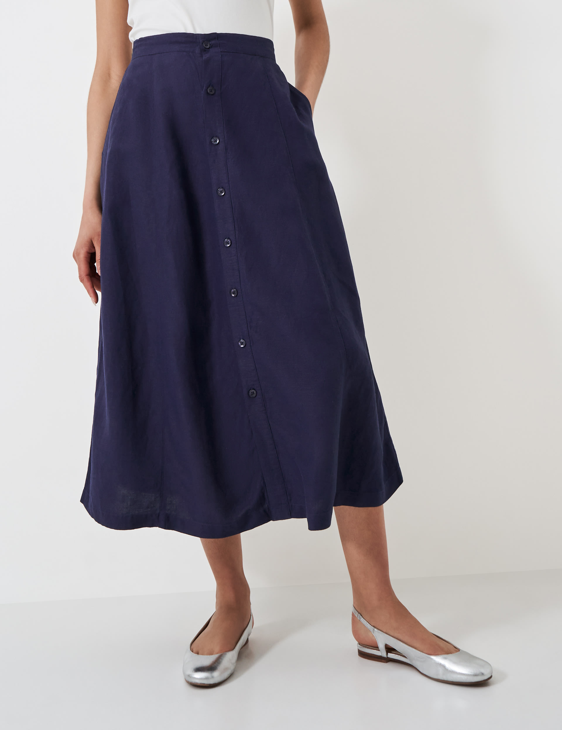 Linen Blend Button Front Midi A-Line Skirt 3 of 5