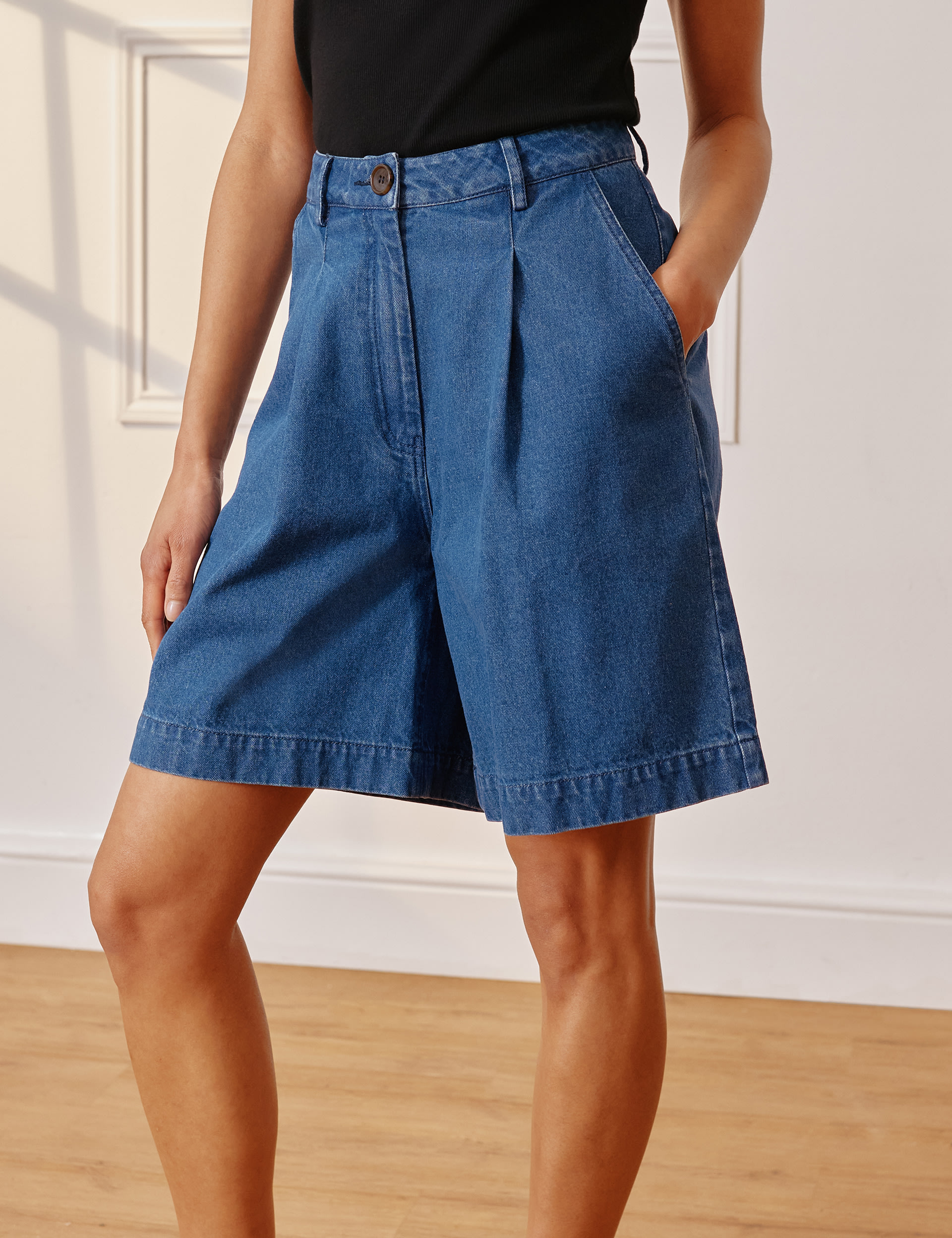 Denim Pleat Front Long Shorts 3 of 5