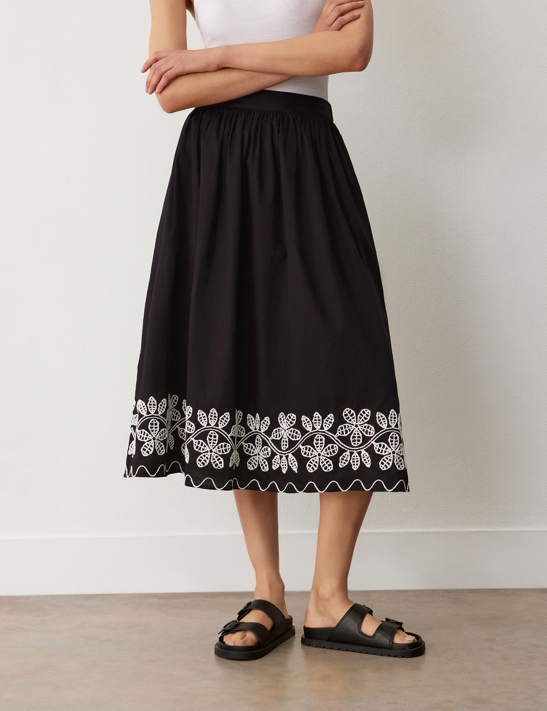 Pure Cotton Embroidered Midi A-Line Skirt 1 of 5