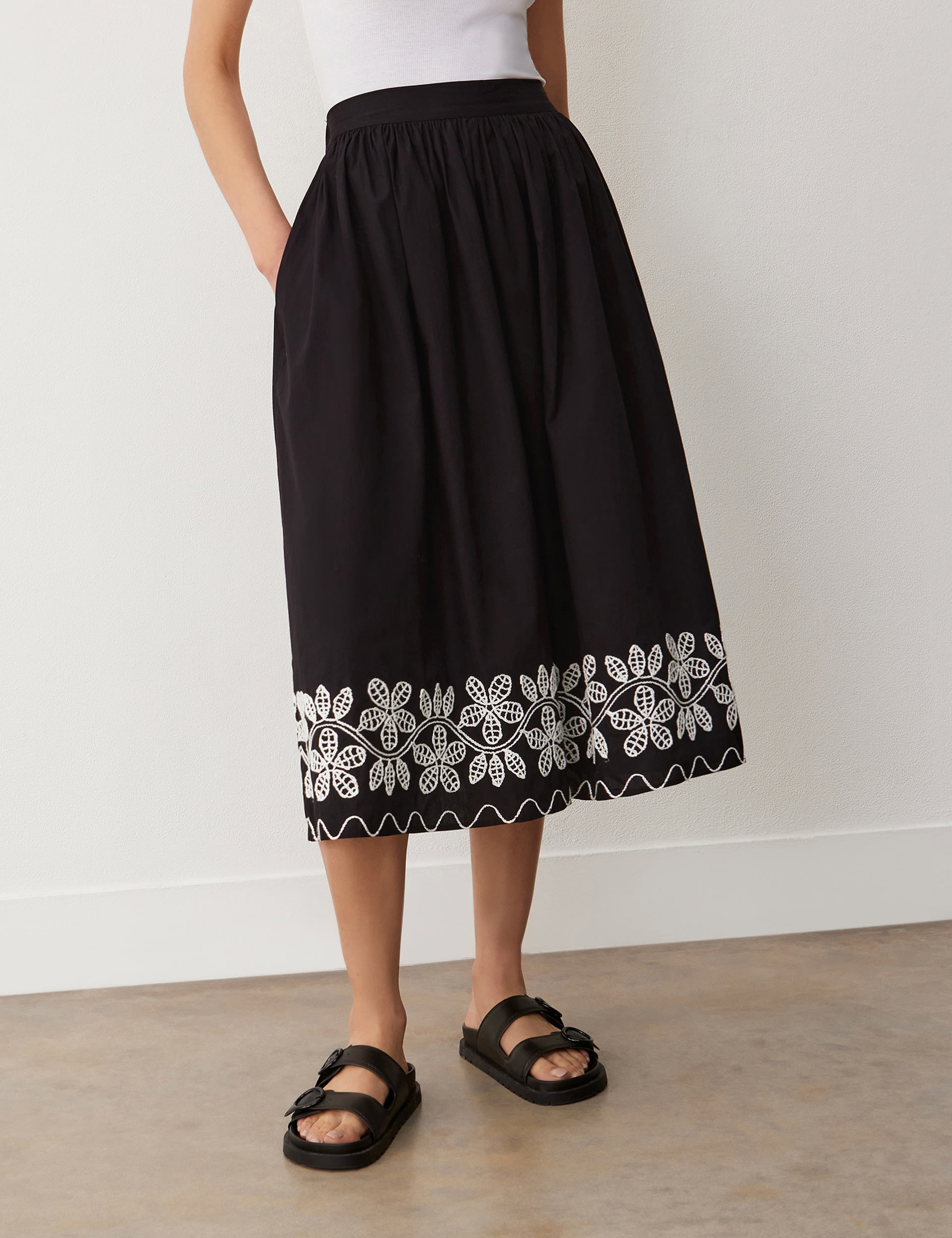 Pure Cotton Embroidered Midi A-Line Skirt 2 of 5