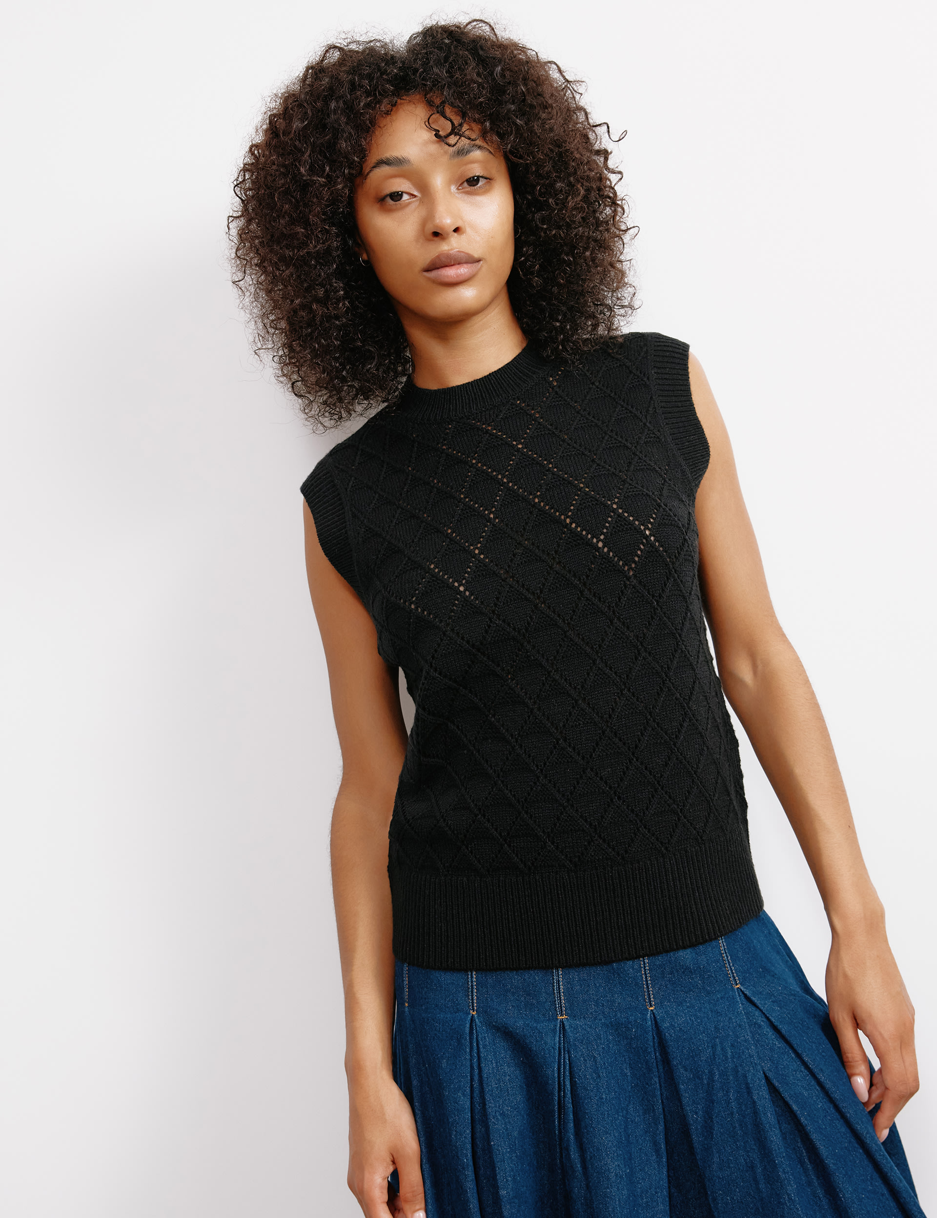 Pointelle Crew Neck Knitted Top with Wool 1 of 6