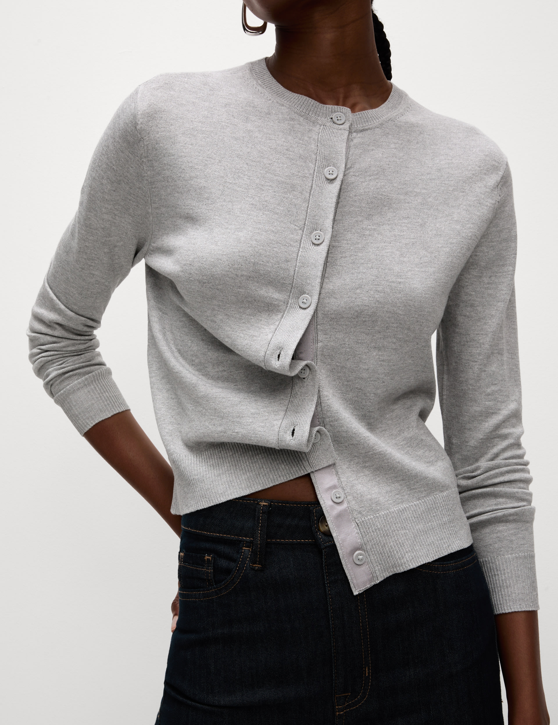 Crew Neck Button-Front Knit Cardigan