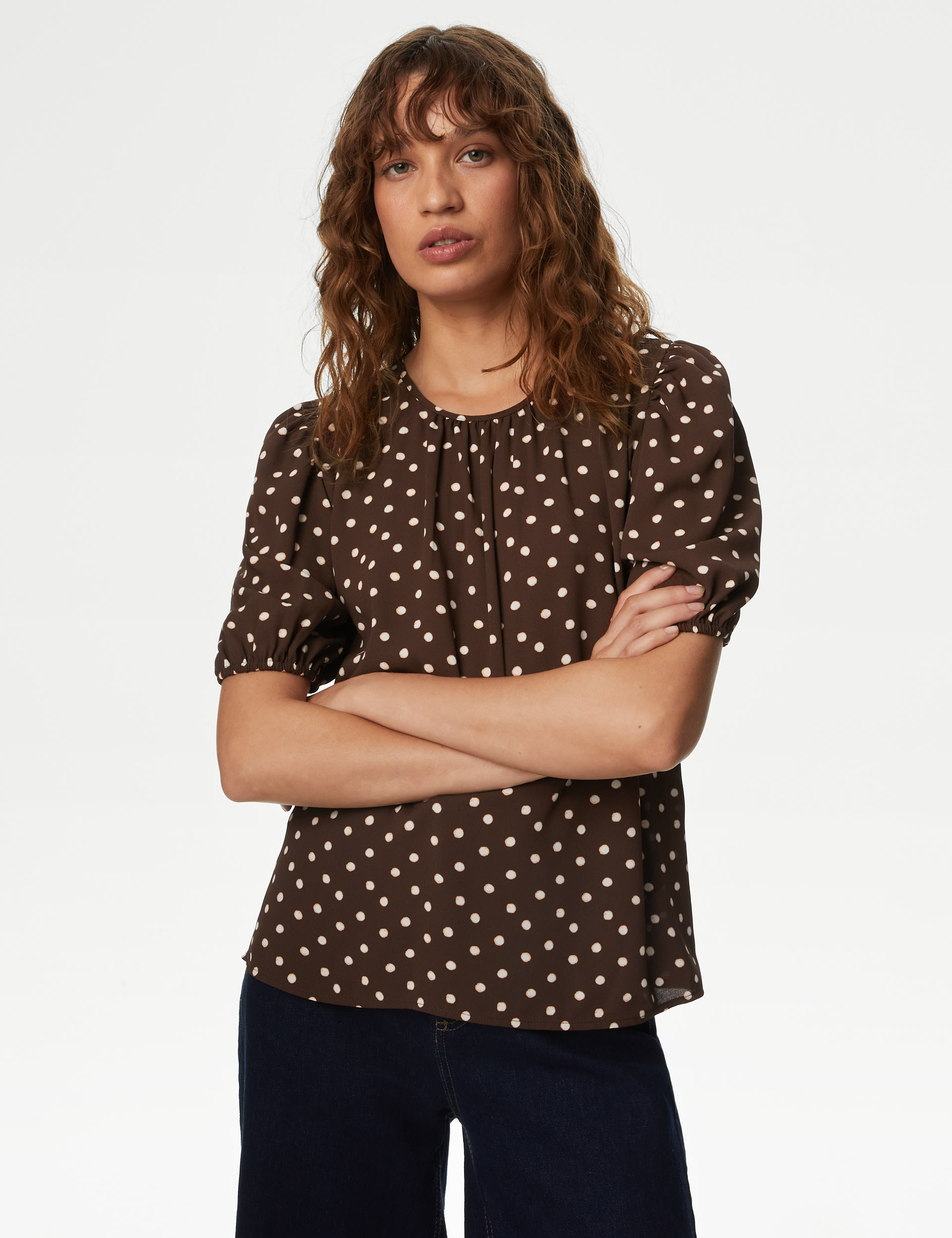 Printed Round Neck Puff Sleeve Blouse 3 of 5