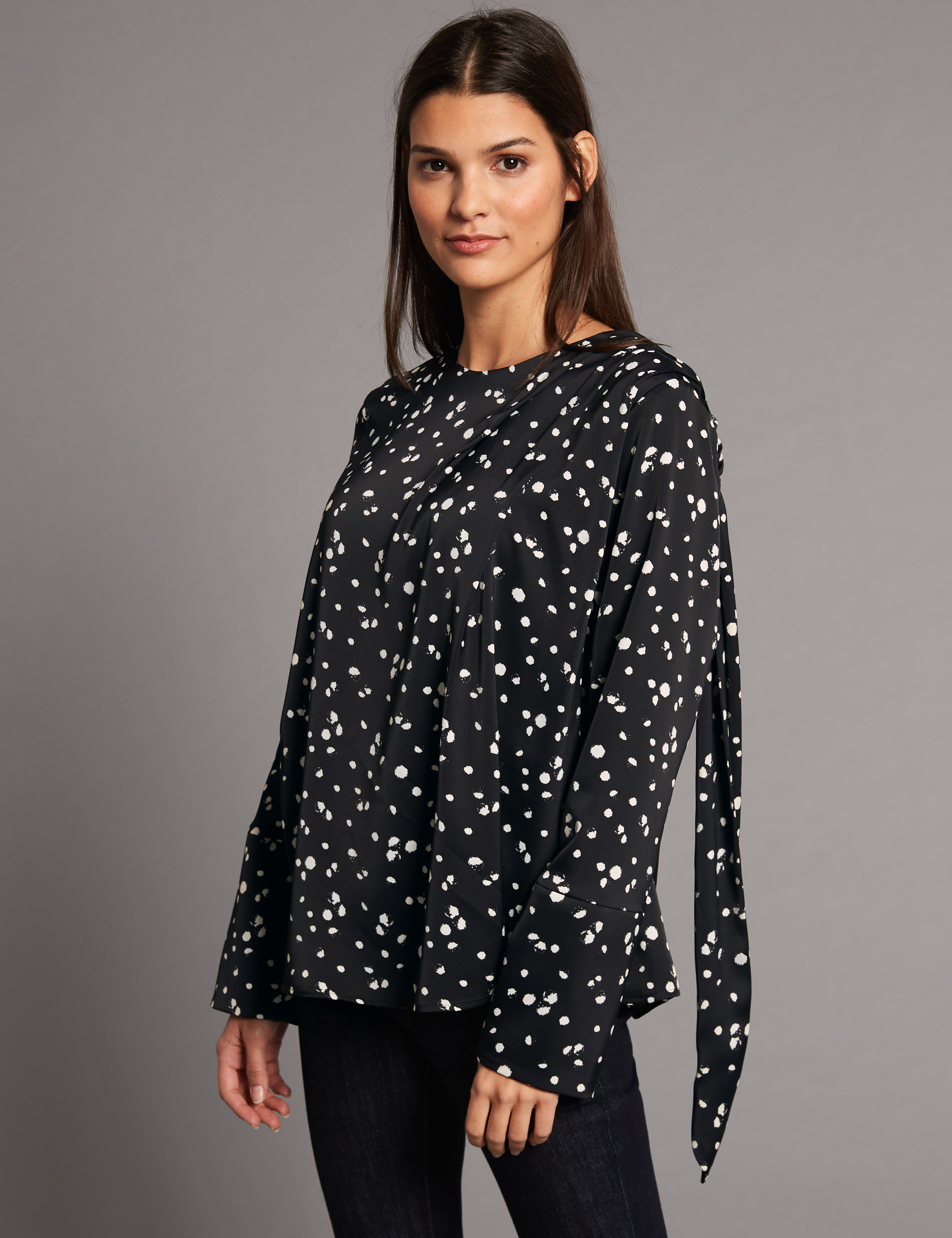 Spotted Drape Shoulder Long Sleeve Blouse 3 of 5