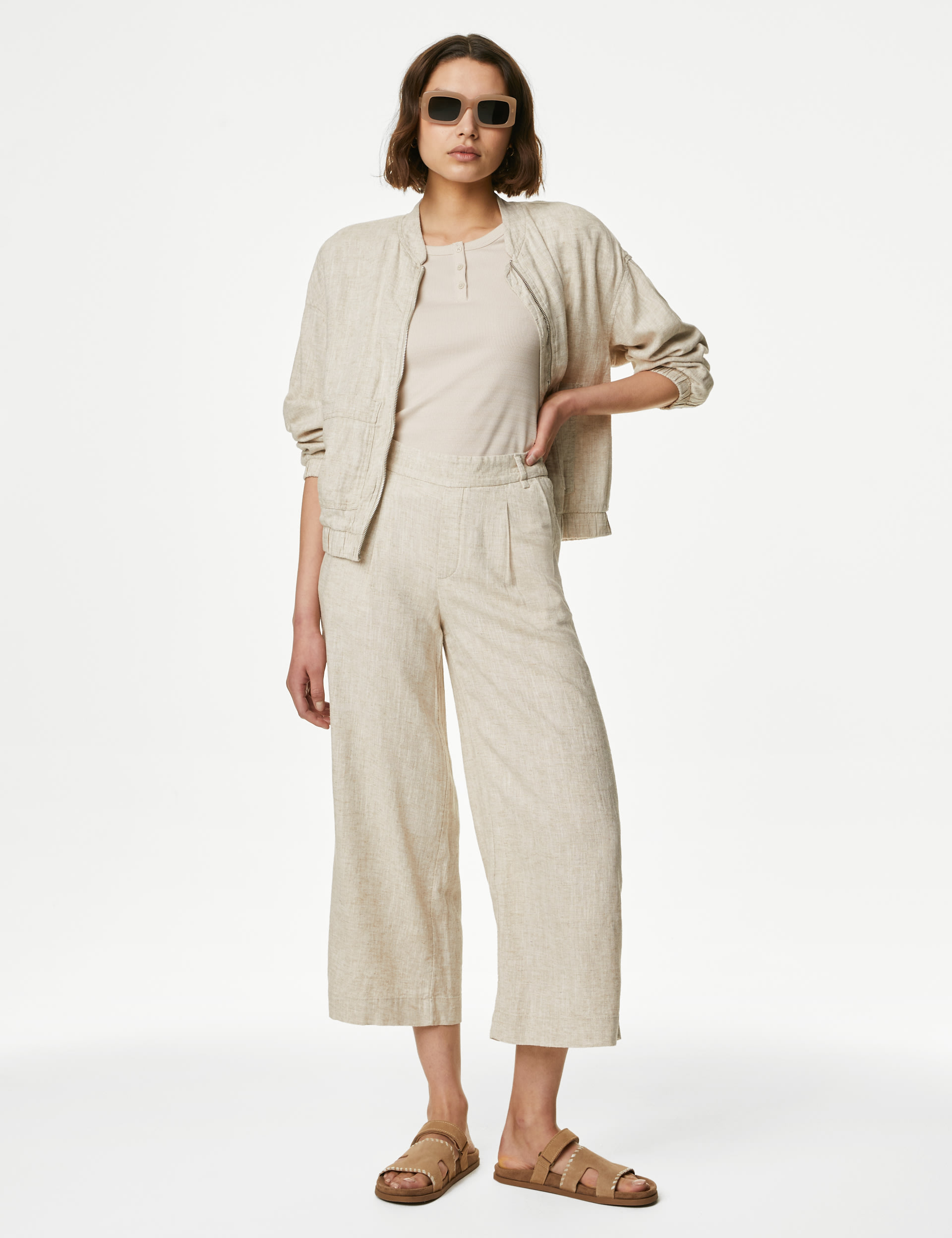 Linen Rich Wide Leg Cropped Trousers 1 of 5