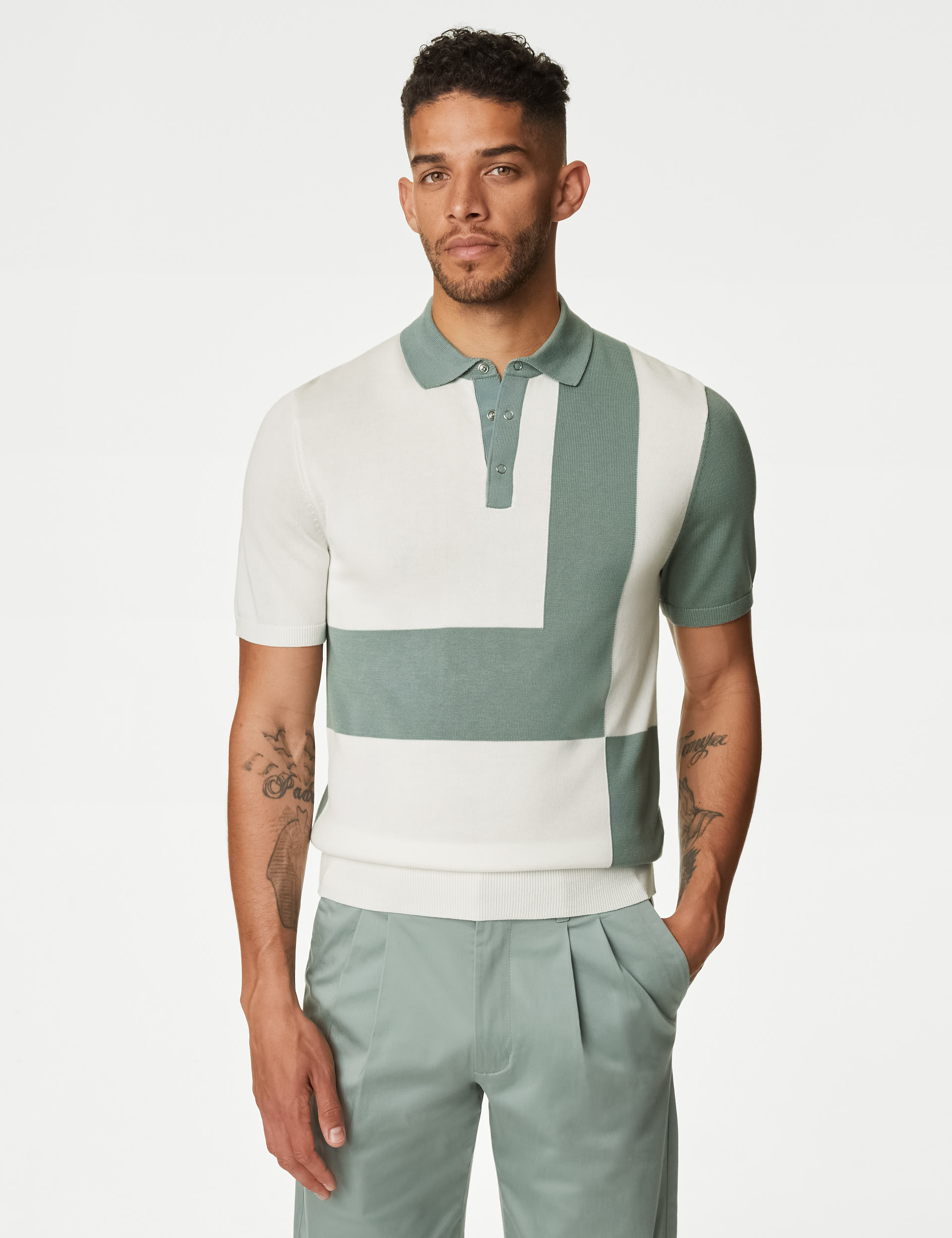 Cotton Rich Colour Block Knitted Polo Shirt 1 of 5