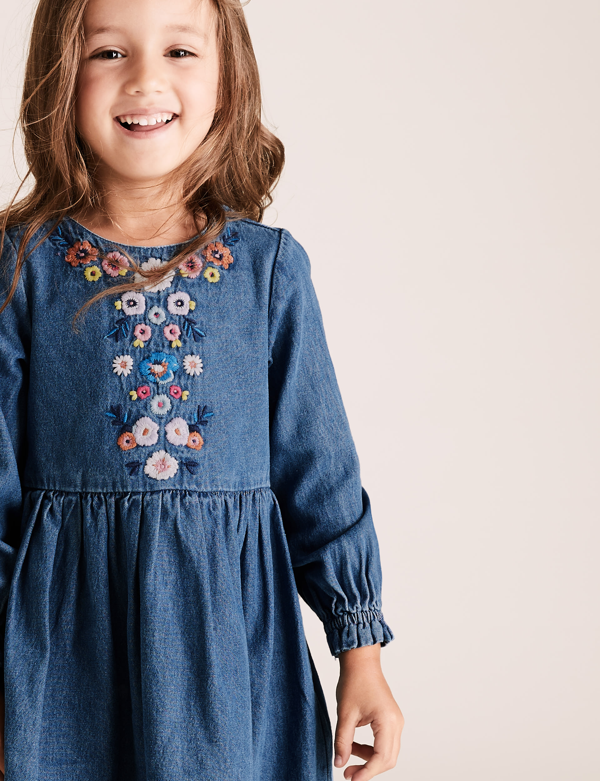 Denim Floral Embroidered Dress (2-7 Yrs) | M&S