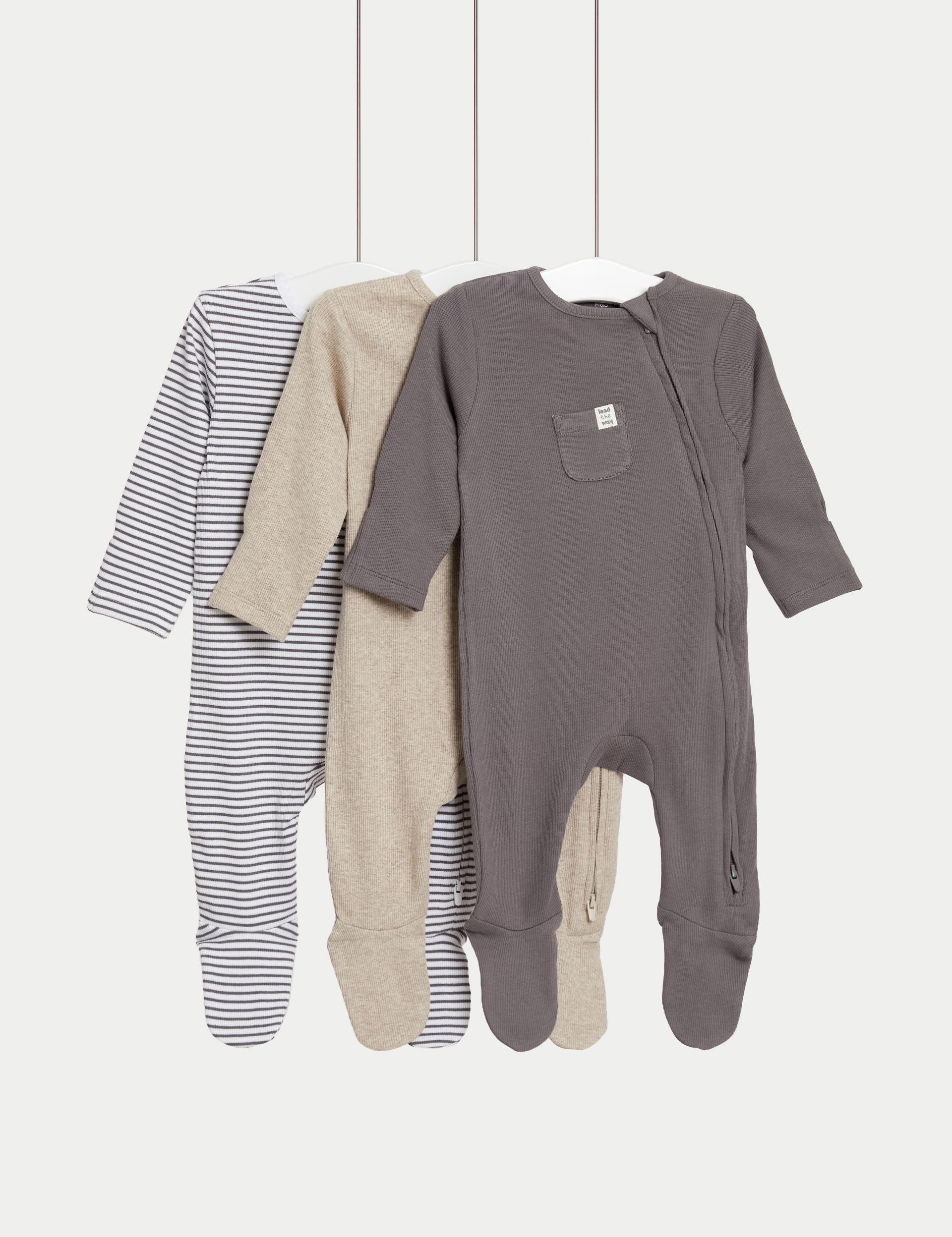 3pk Cotton Rich Striped & Plain Sleepsuits (0-3 Yrs) 1 of 5