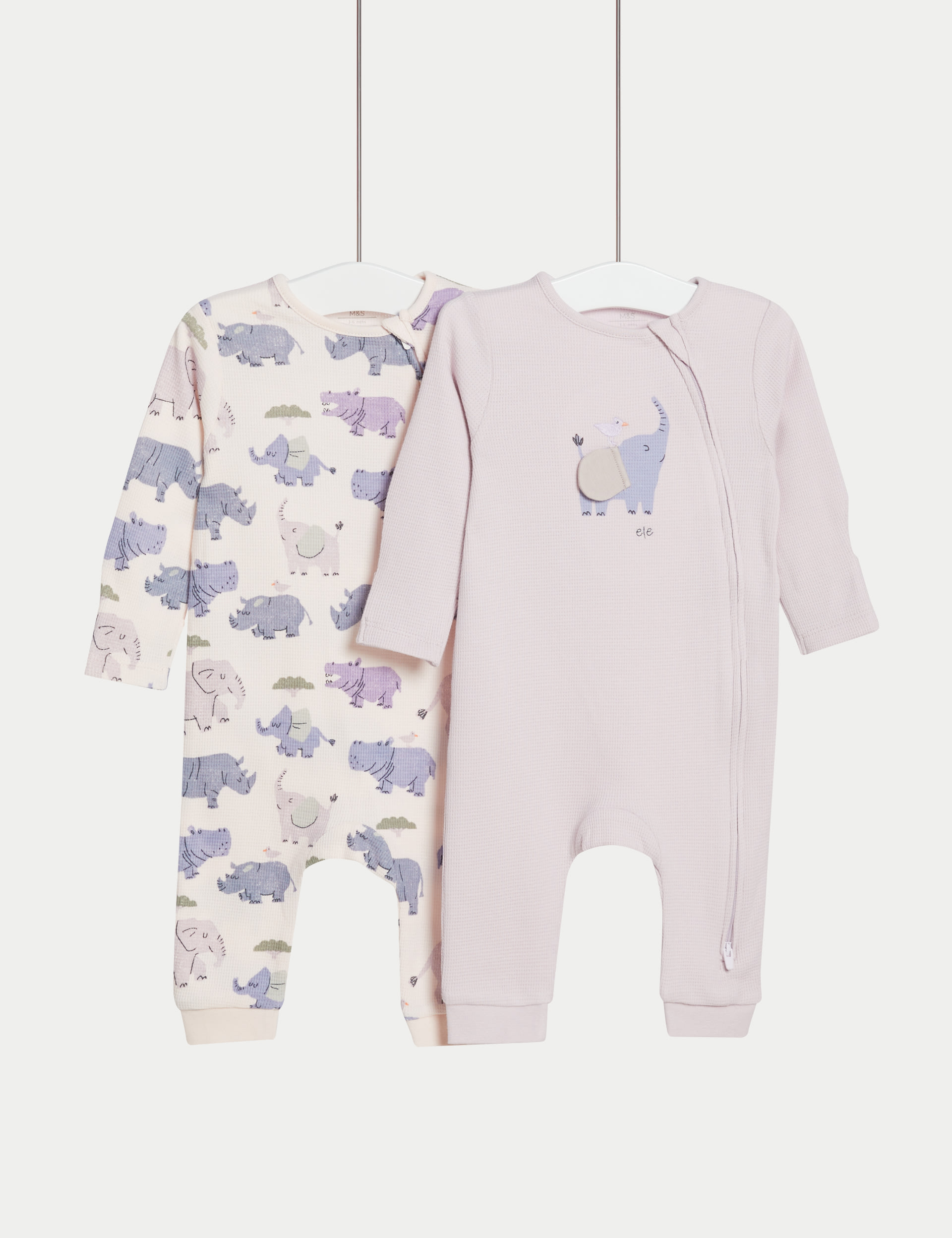 2pk Pure Cotton Elephant Sleepsuits (0-3 Yrs) 1 of 1