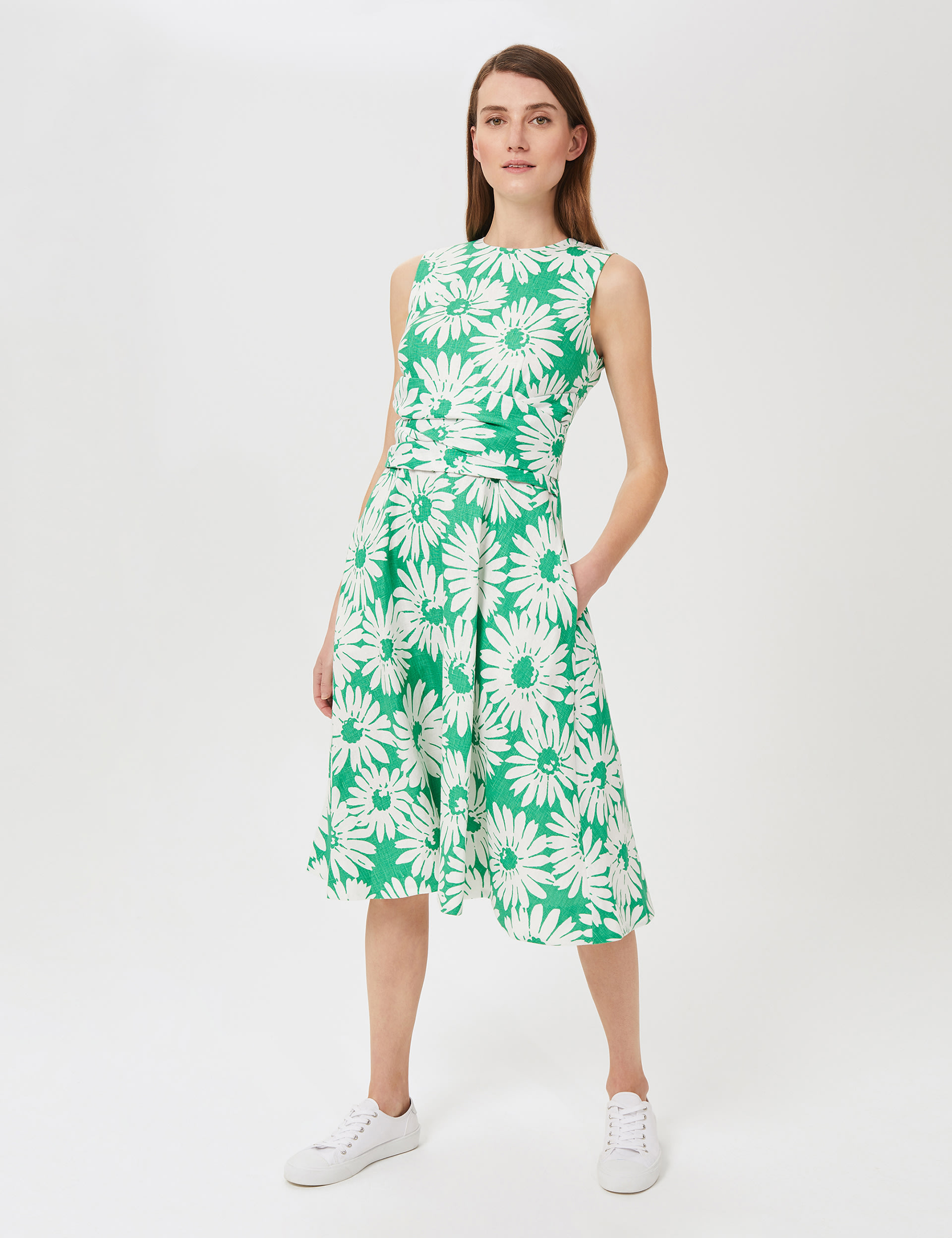 Pure Linen Floral Waisted Midi Skater Dress HOBBS M S