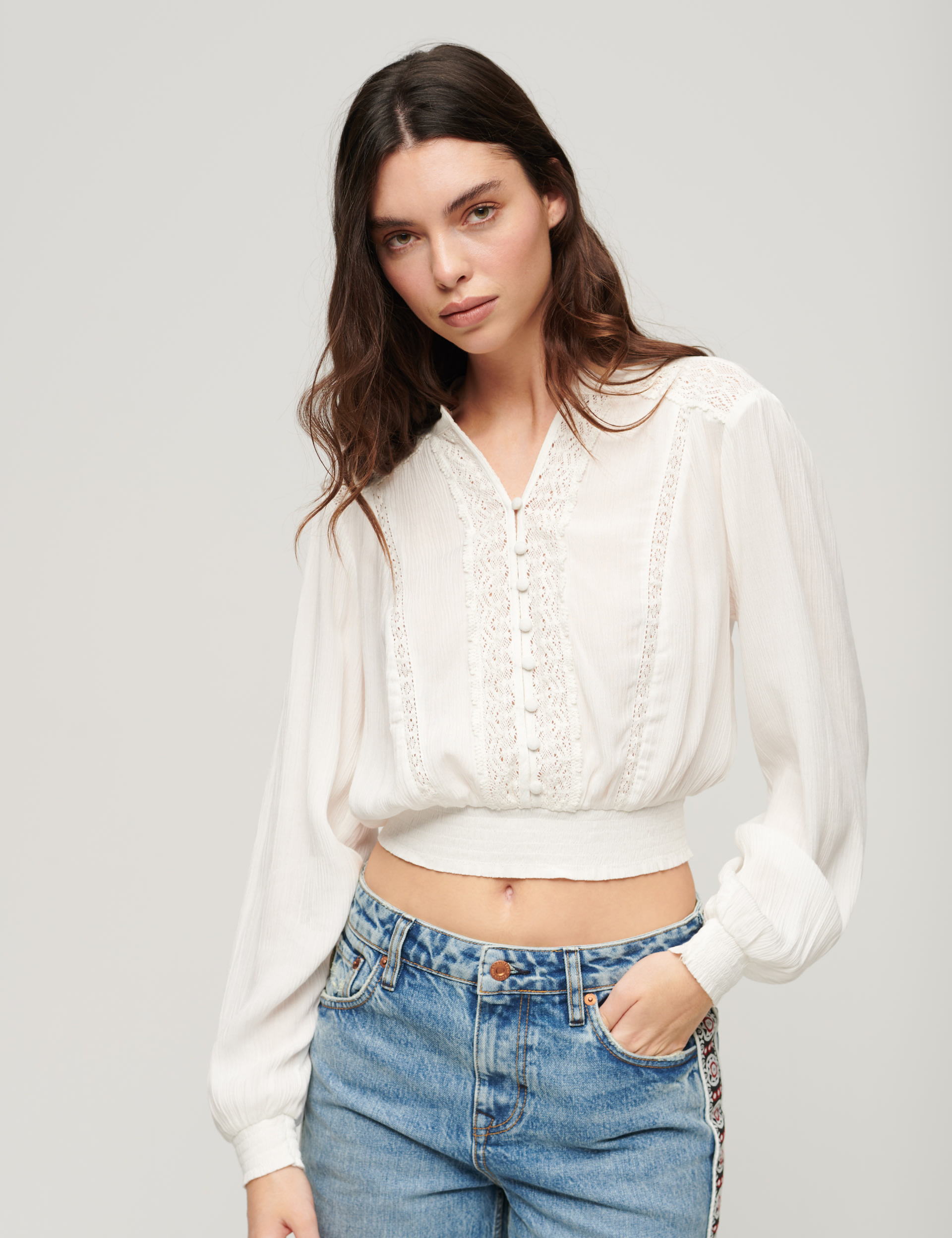 Lace Trim V-Neck Button Through Blouse 1 of 6