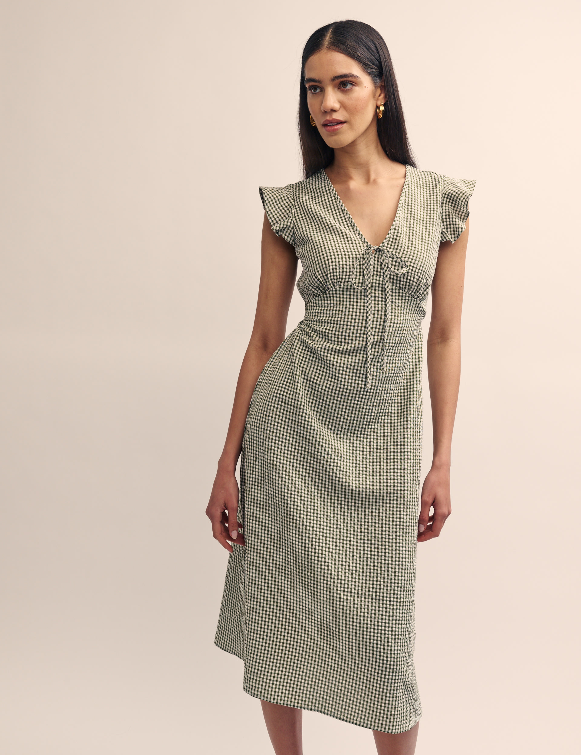 Pure Cotton Gingham Angel Sleeve Midi Dress 1 of 4