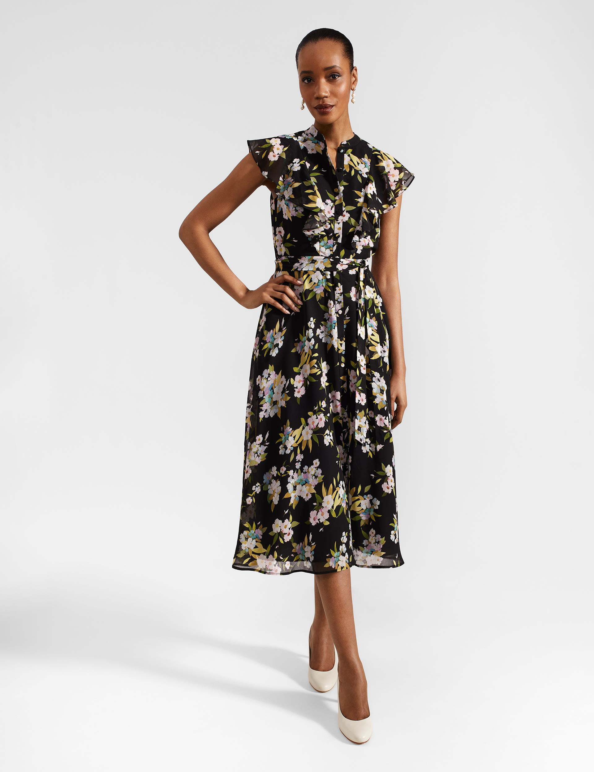 Floral High Neck Midi Waisted Dress 1 of 9