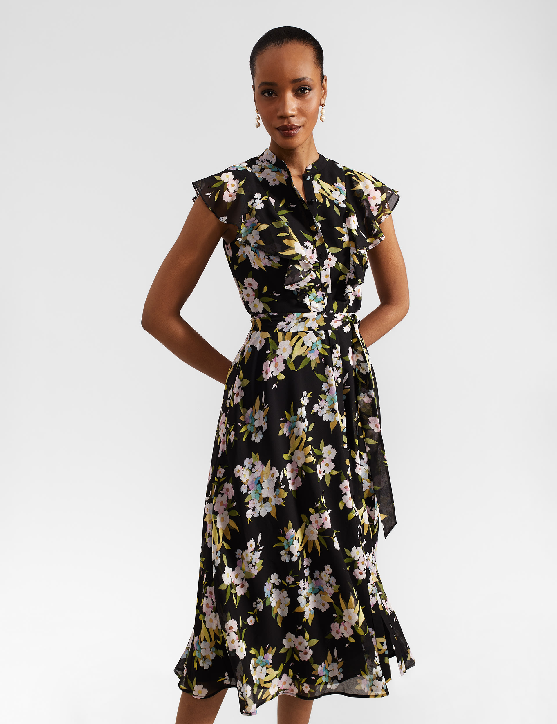 Floral High Neck Midi Waisted Dress 3 of 9