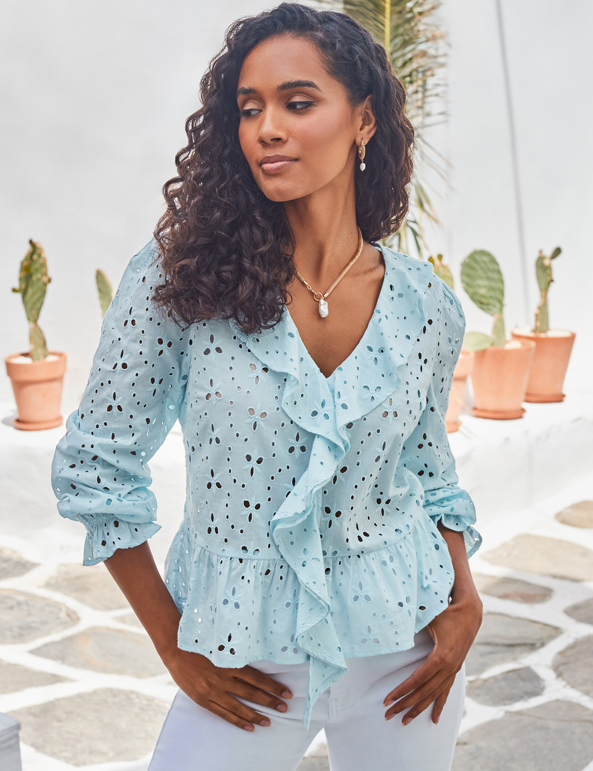 Pure Cotton Broderie V-Neck Ruffle Blouse | SOSANDAR | M&S