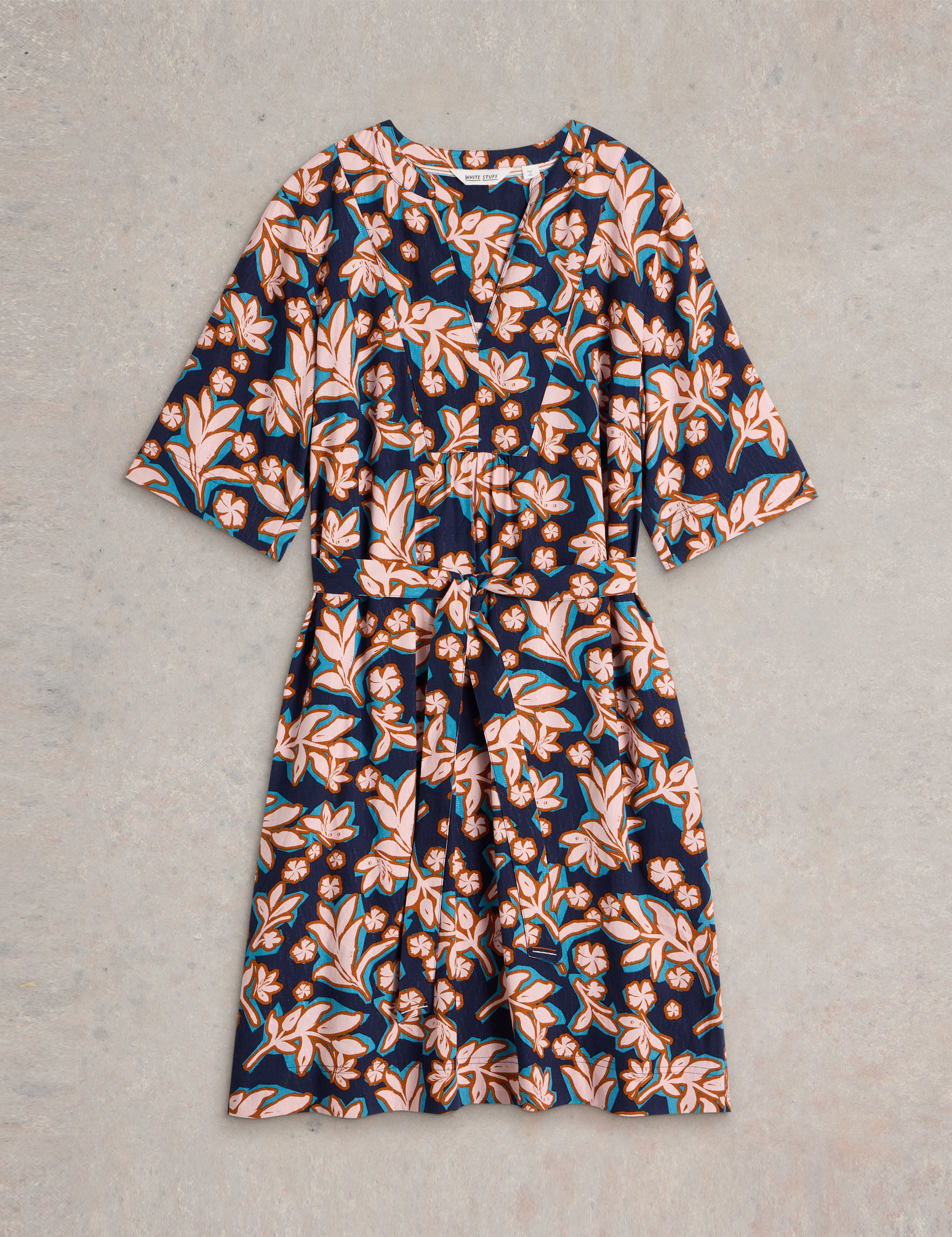 Printed V-Neck Belted Knee Length Shift Dress 1 of 2